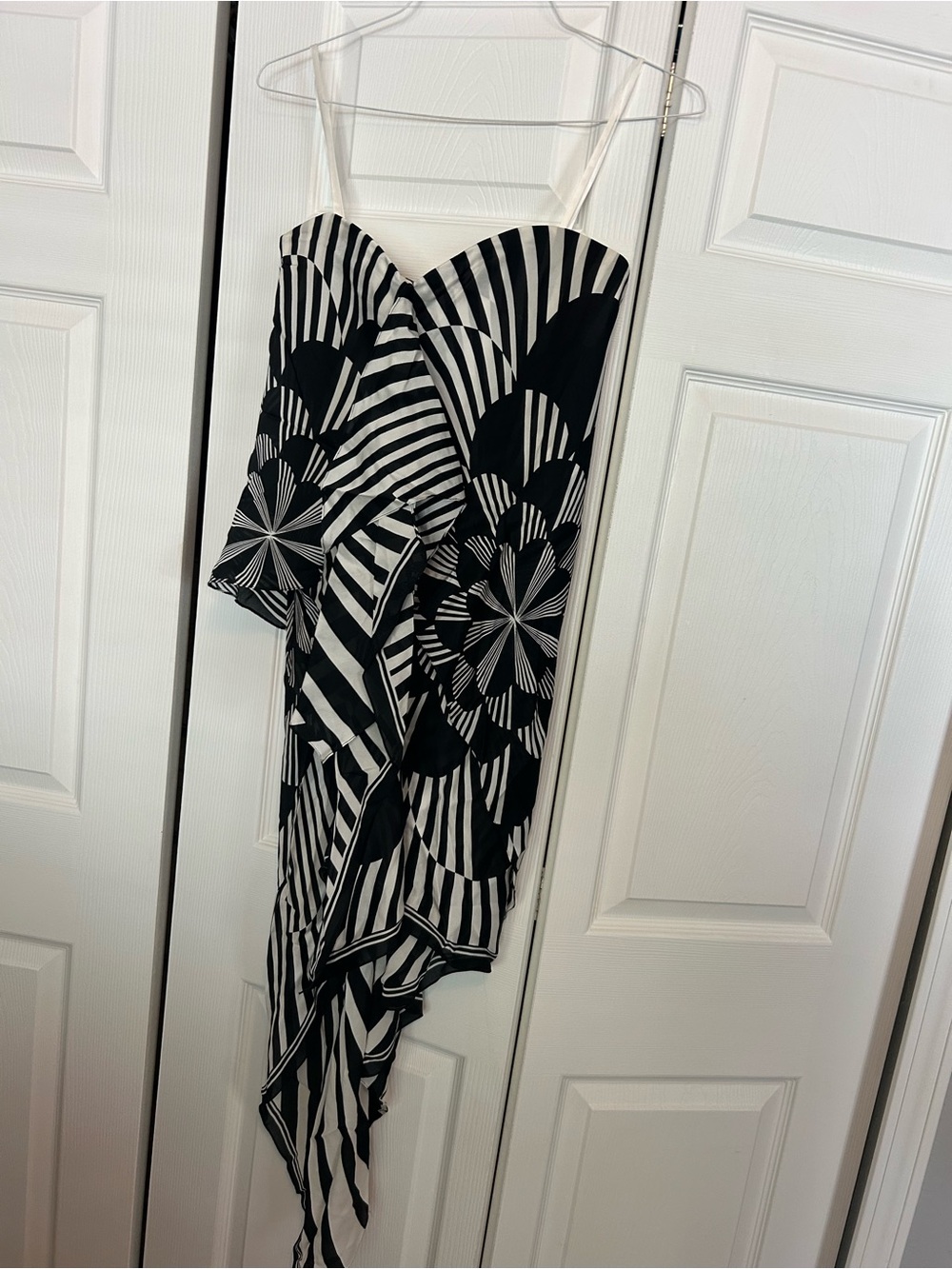 BCBGMaxAzria Black and White Geometric Asymmetrical Scarf Slip Dress